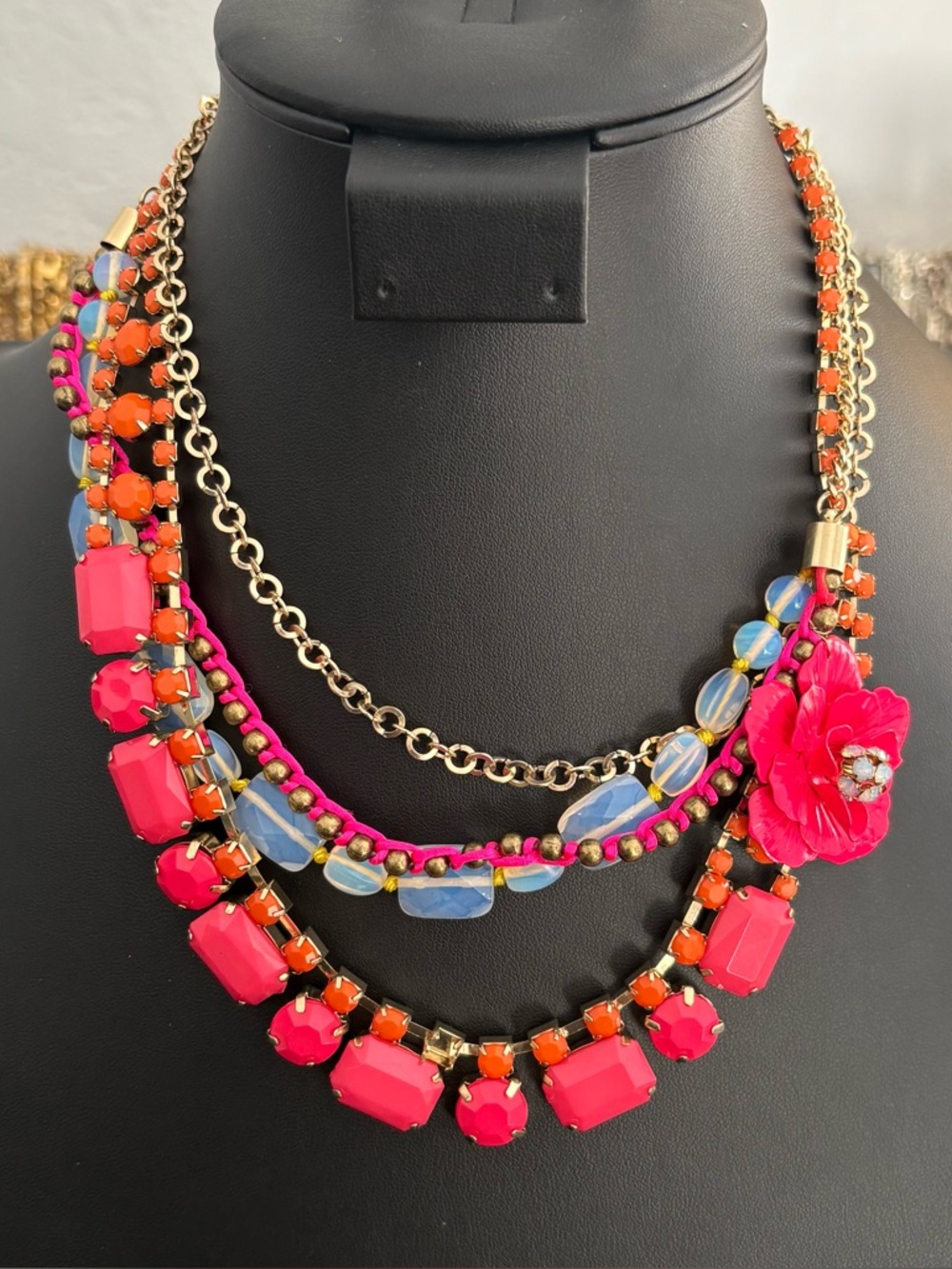 Vintage Capwell Multi-Strand Pink & Orange Floral Statement Necklace